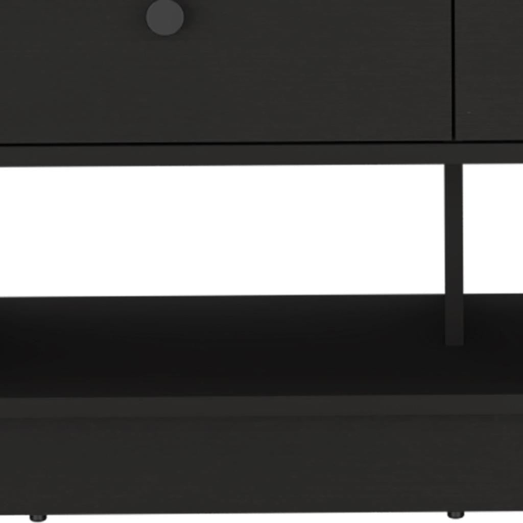 36" Black Wood Storage Bench With Drawers And Shelves
