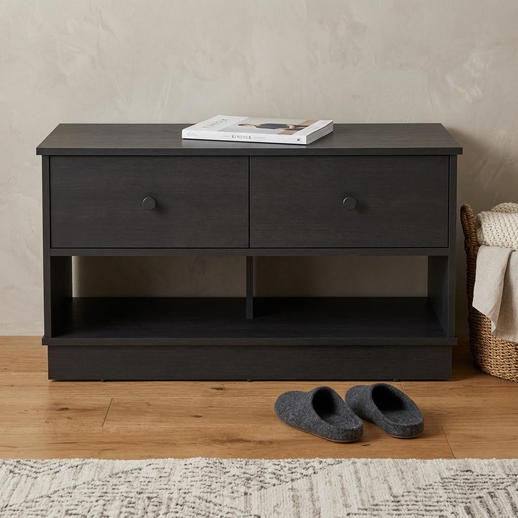 36" Black Wood Storage Bench With Drawers And Shelves