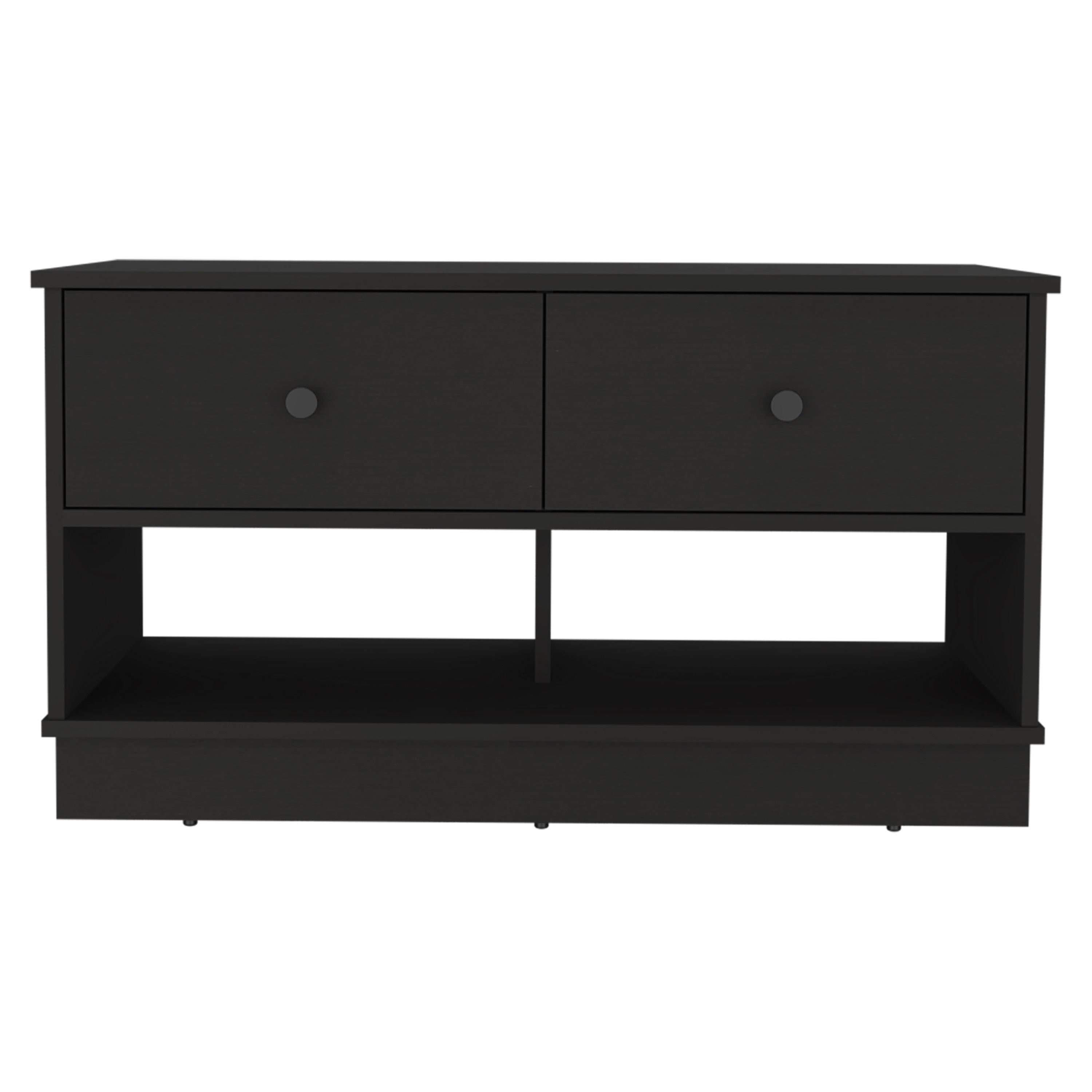 36" Black Wood Storage Bench With Drawers And Shelves