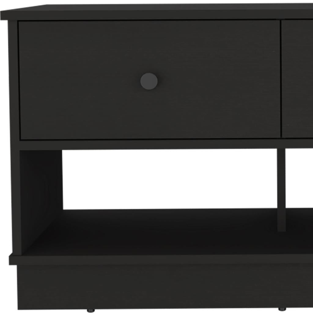36" Black Wood Storage Bench With Drawers And Shelves