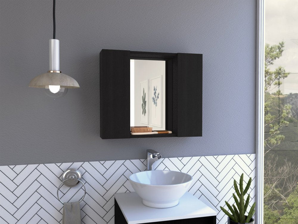 24" Black Wood Floating Double Door Bathroom Vanity And Medicine Cabinet With Mirror