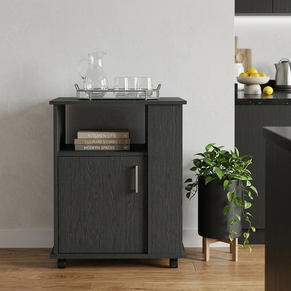 24" Black Wood Flat Door Rolling Kitchen Cart With Storage
