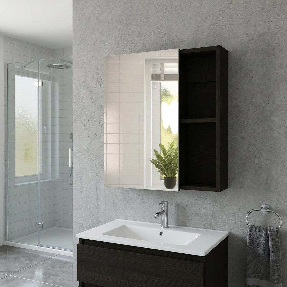 18" Black Wood Floating Single Door Bathroom Vanity And Medicine Cabinet With Mirror