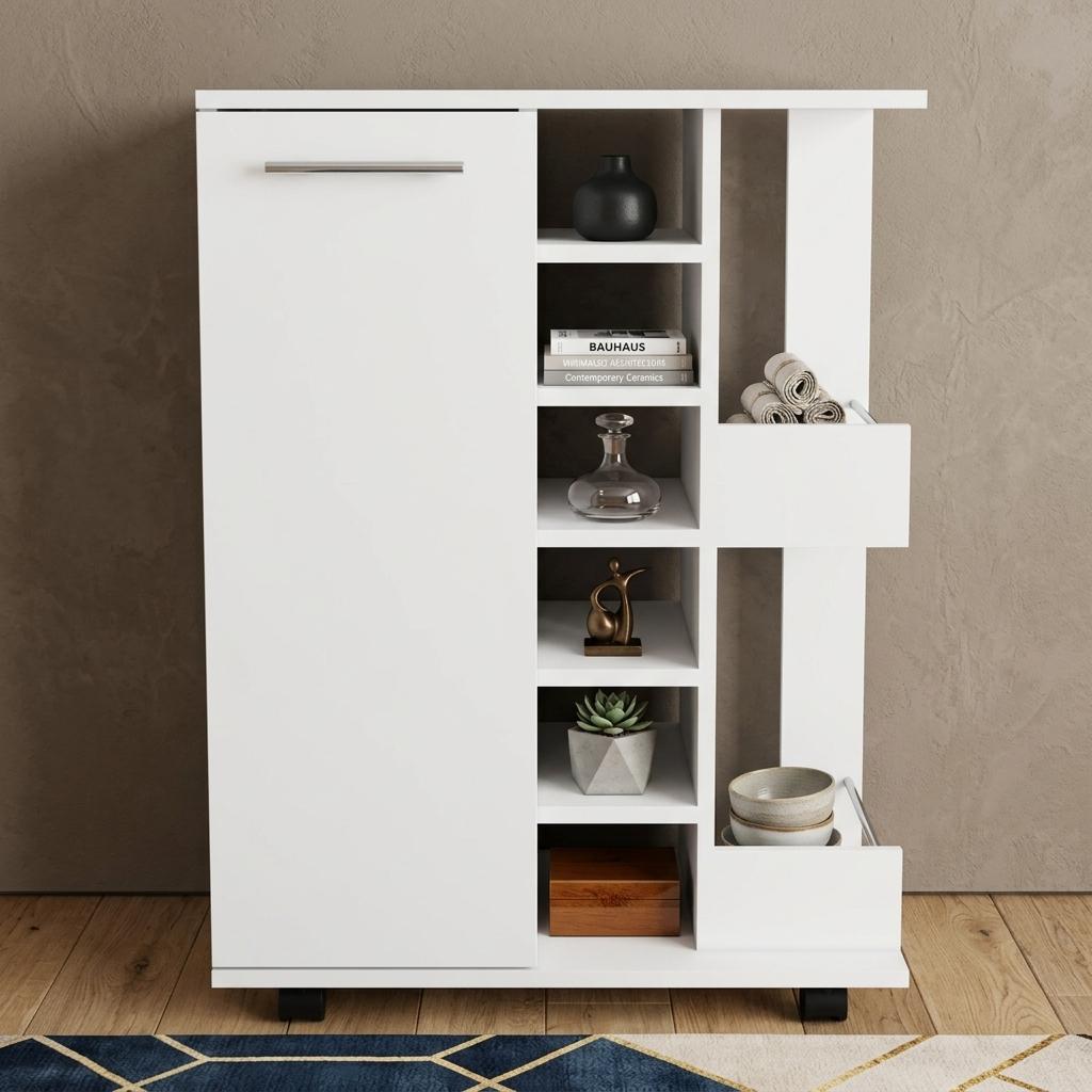 White Rolling Bar Cart With Wine Storage