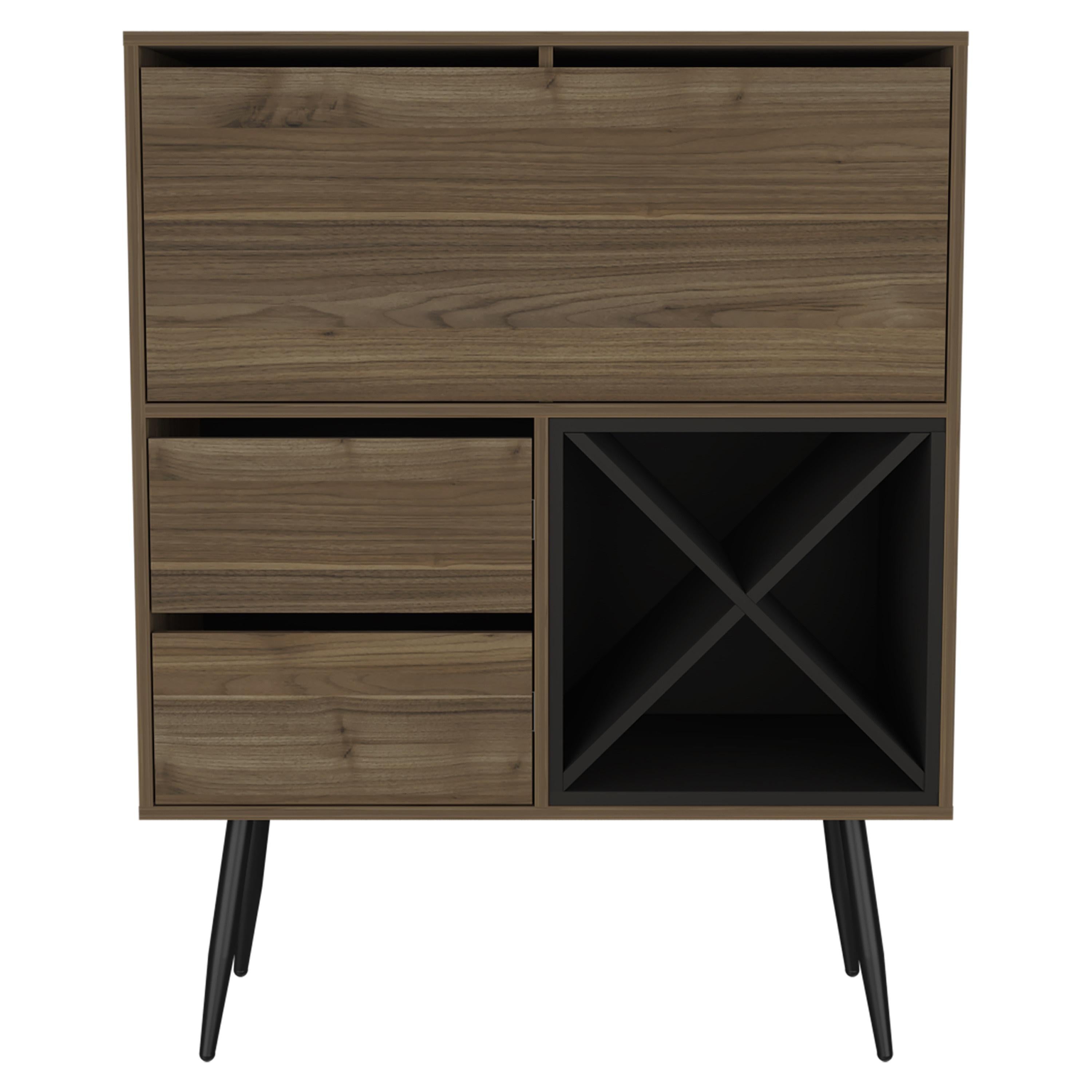 46" Dark Brown and Black Wood Console Bar Cabinet With Single Door And Two Drawers