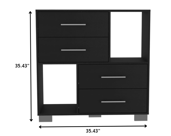 35" Black Manufactured Wood Four Drawer Dresser with Cubes