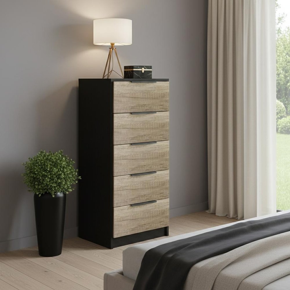 42" Black And Light Oak Manufactured Wood Five Drawer Chest