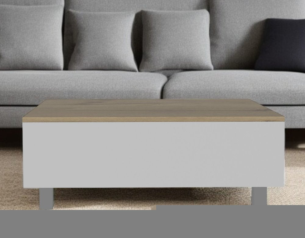 32" White And Light Oak Manufactured Wood Rectangular Lift Top Coffee Table With Drawer And Shelf