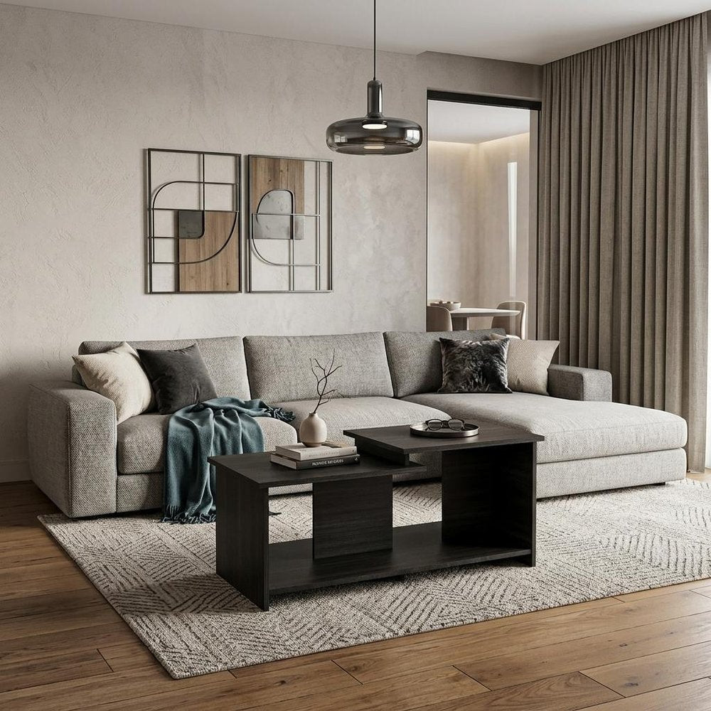 35" Black Wood Abstract Coffee Table