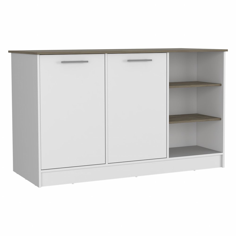 White and Brown 59" Kitchen Island With Storage