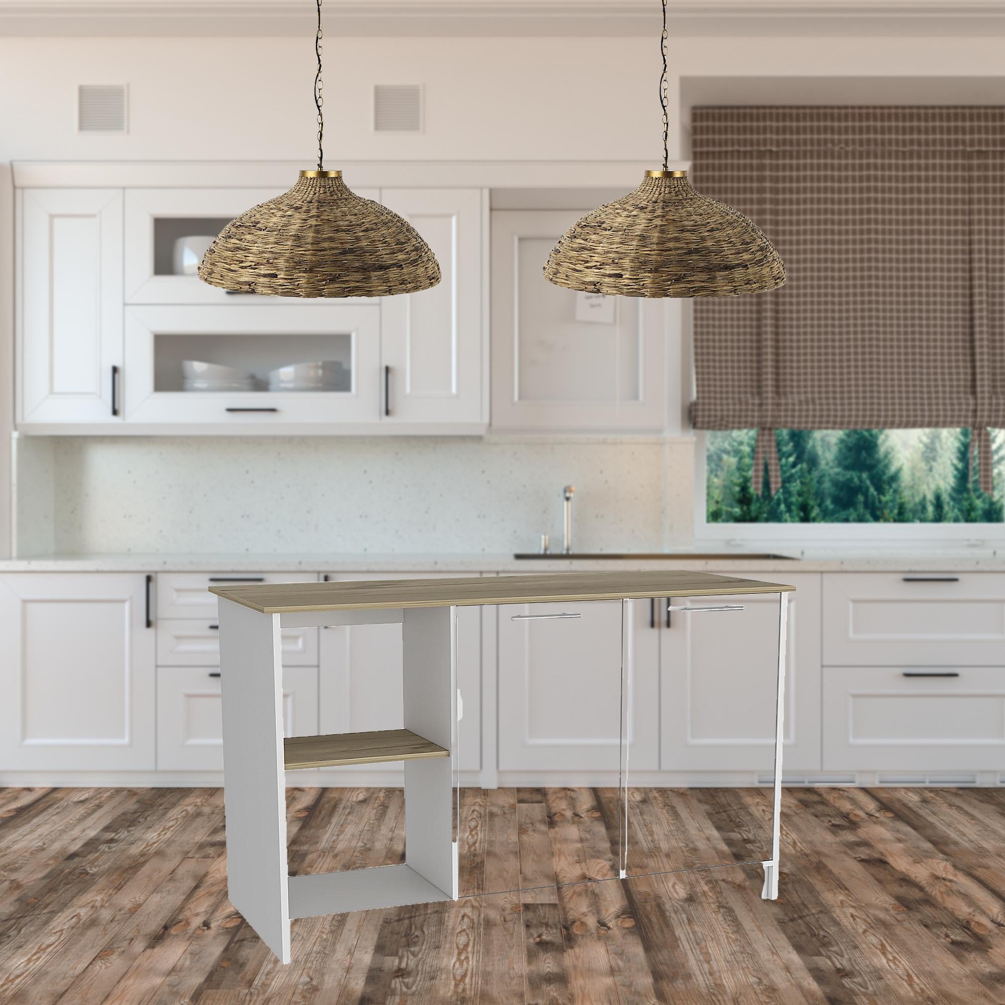 Sleek and Modern White and Light Oak Kitchen Island