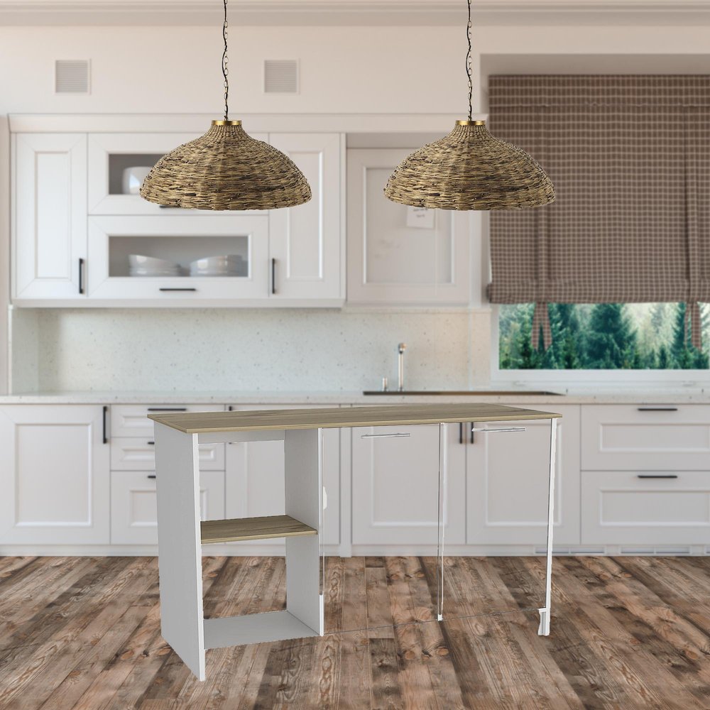 White and Brown 59" Kitchen Island With Storage