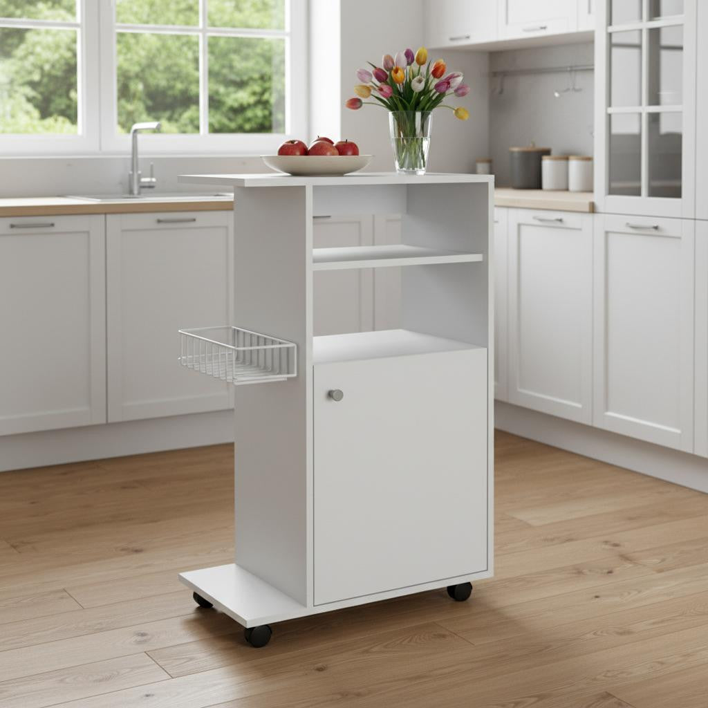24" White Wood Flat Door Rolling Kitchen Cart With Storage