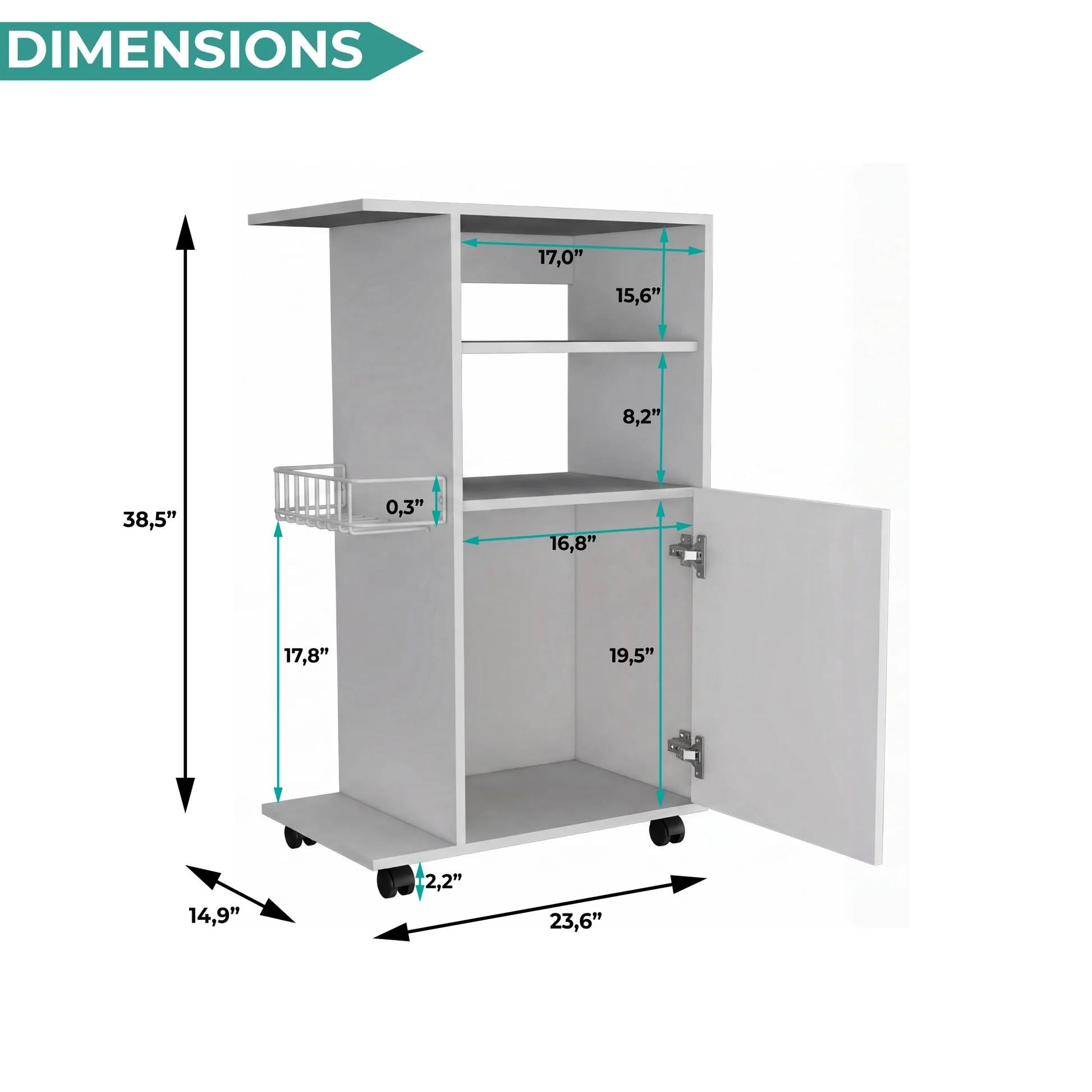 24" White Wood Flat Door Rolling Kitchen Cart With Storage