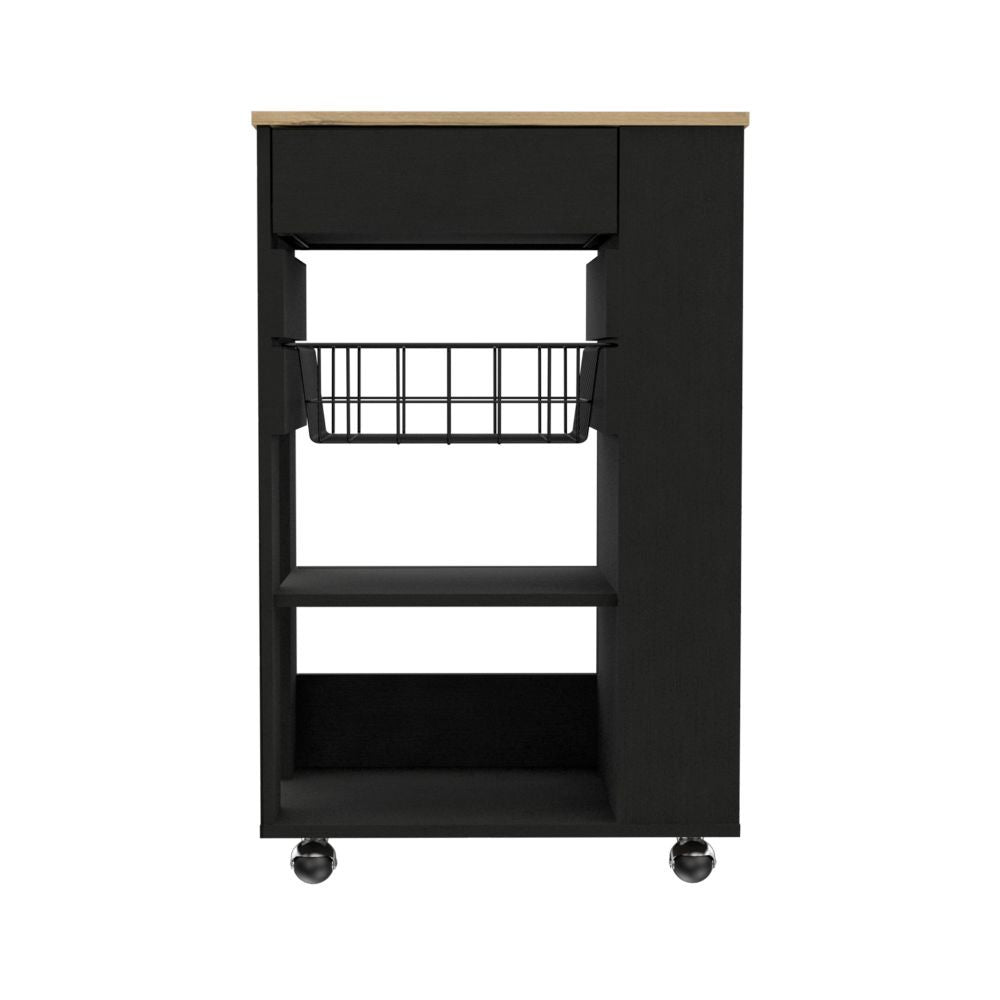 22" Natural And Black Wood Rolling Kitchen Cart With Storage
