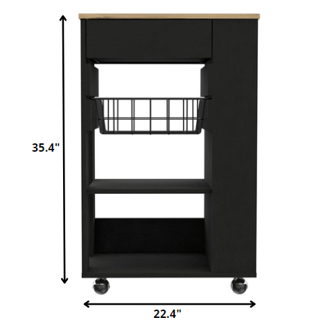 Sleek Black and Light Oak Portable Kitchen Cart