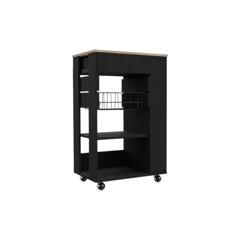 22" Natural And Black Wood Rolling Kitchen Cart With Storage