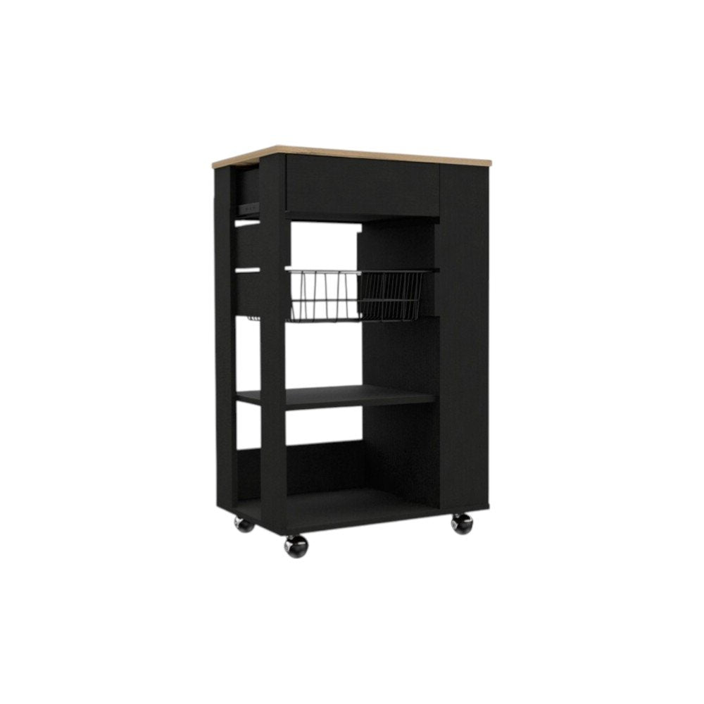 22" Natural And Black Wood Rolling Kitchen Cart With Storage