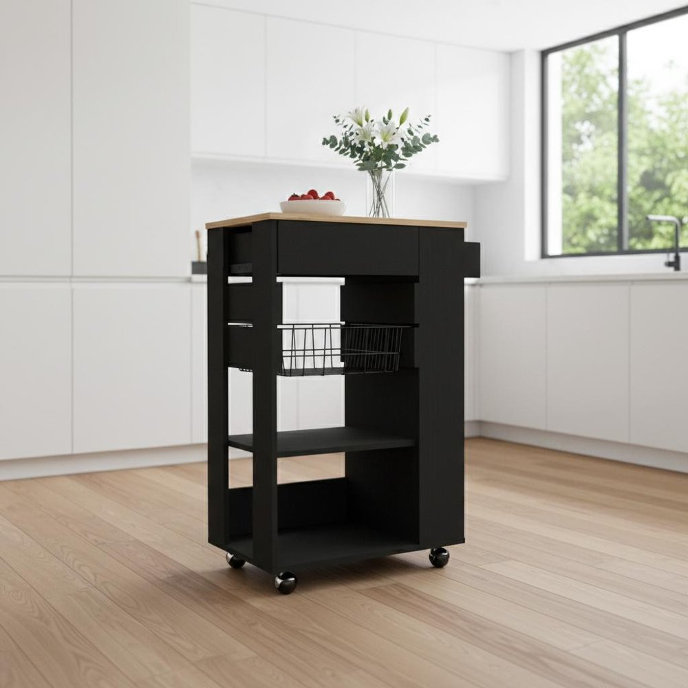 Black and Natural 22" Rolling Kitchen Cart With Storage