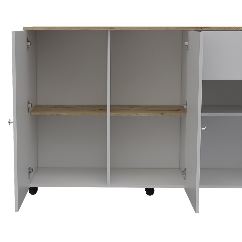 White and Natural 54" Rolling Kitchen Island With Storage