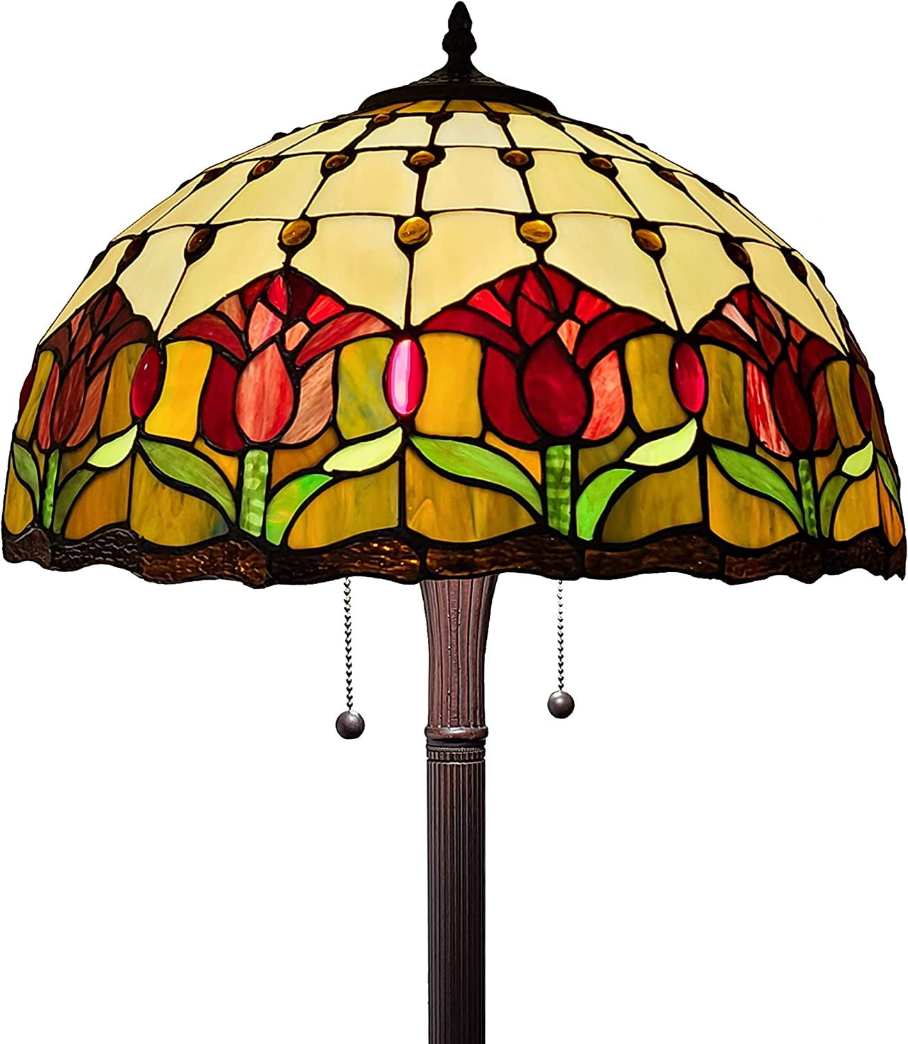 62" Brown Two Light Traditional Shaped Floor Lamp With Red Flowers Stained Glass Dome Shade