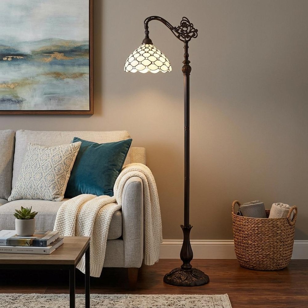 62" Brown And White Metal Floor Lamp With White Glass Bowl Shade