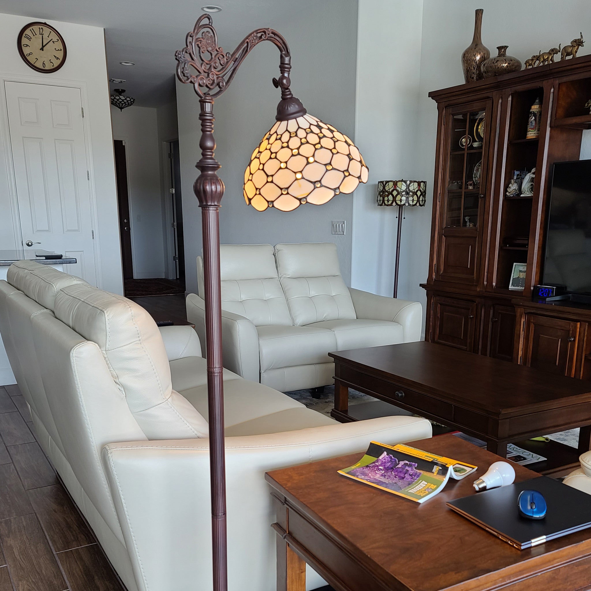 62" Brown And White Metal Floor Lamp With White Glass Bowl Shade