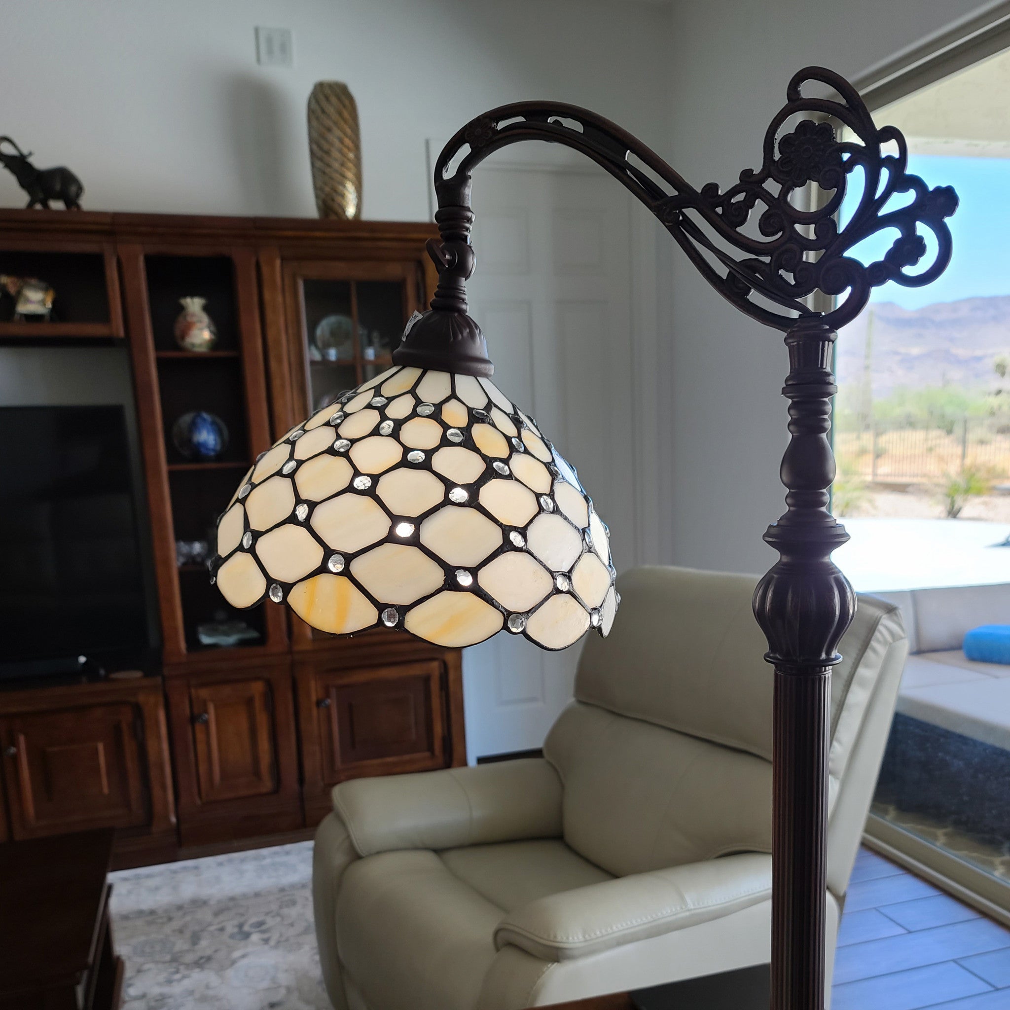 62" Brown And White Metal Floor Lamp With White Glass Bowl Shade