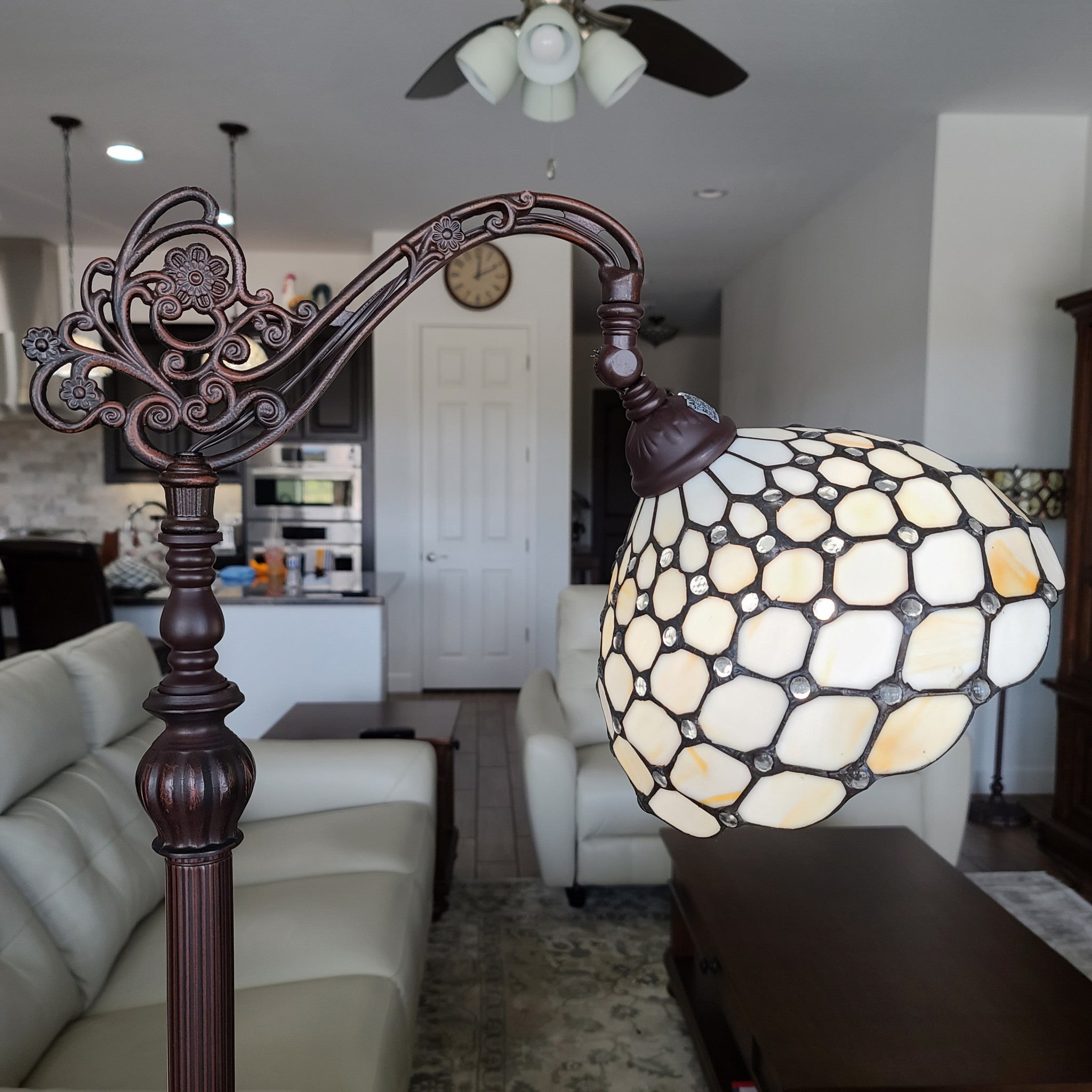 62" Brown And White Metal Floor Lamp With White Glass Bowl Shade