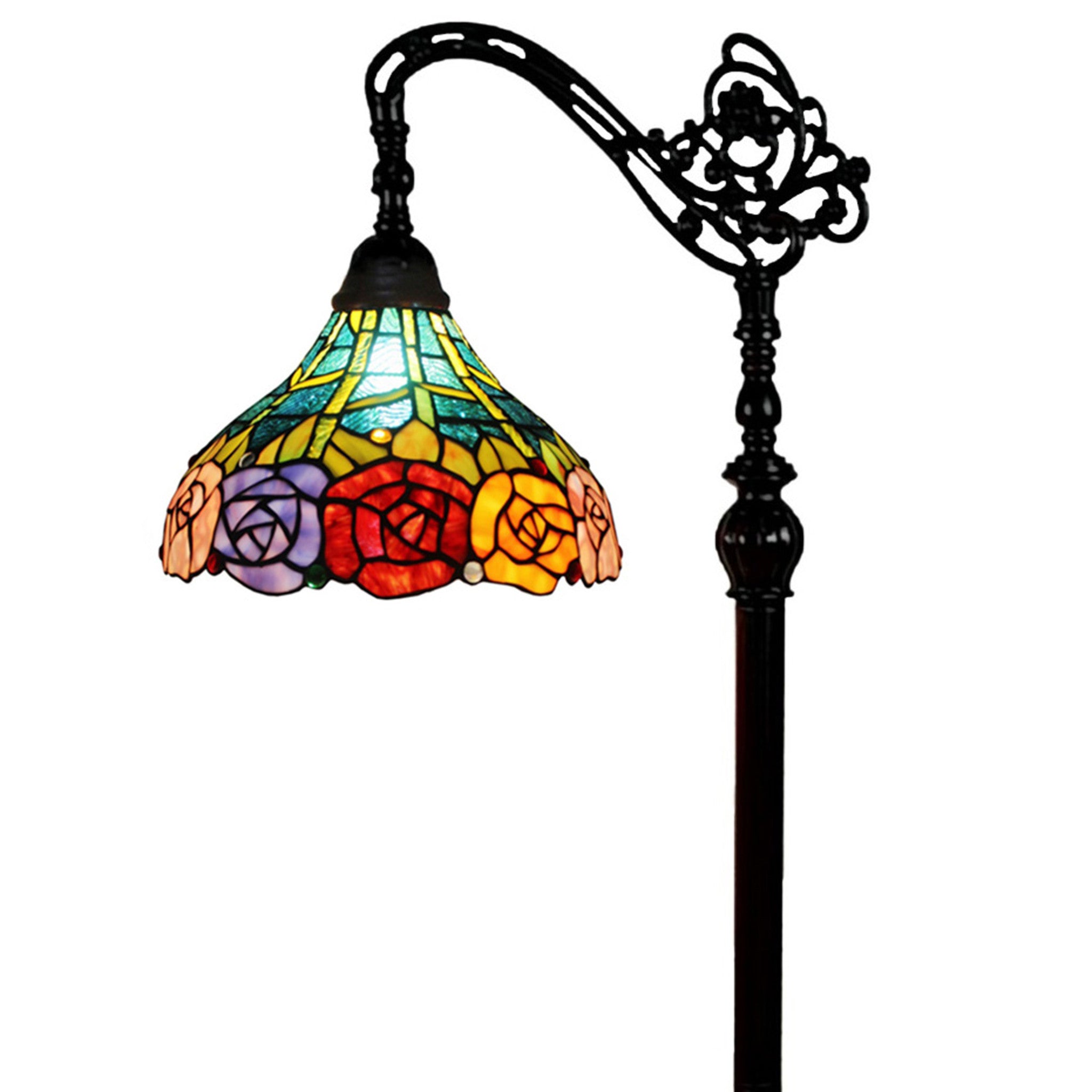 62" Brown Torchiere Floor Lamp With Blue and Yellow Flowers Glass Dome Shade