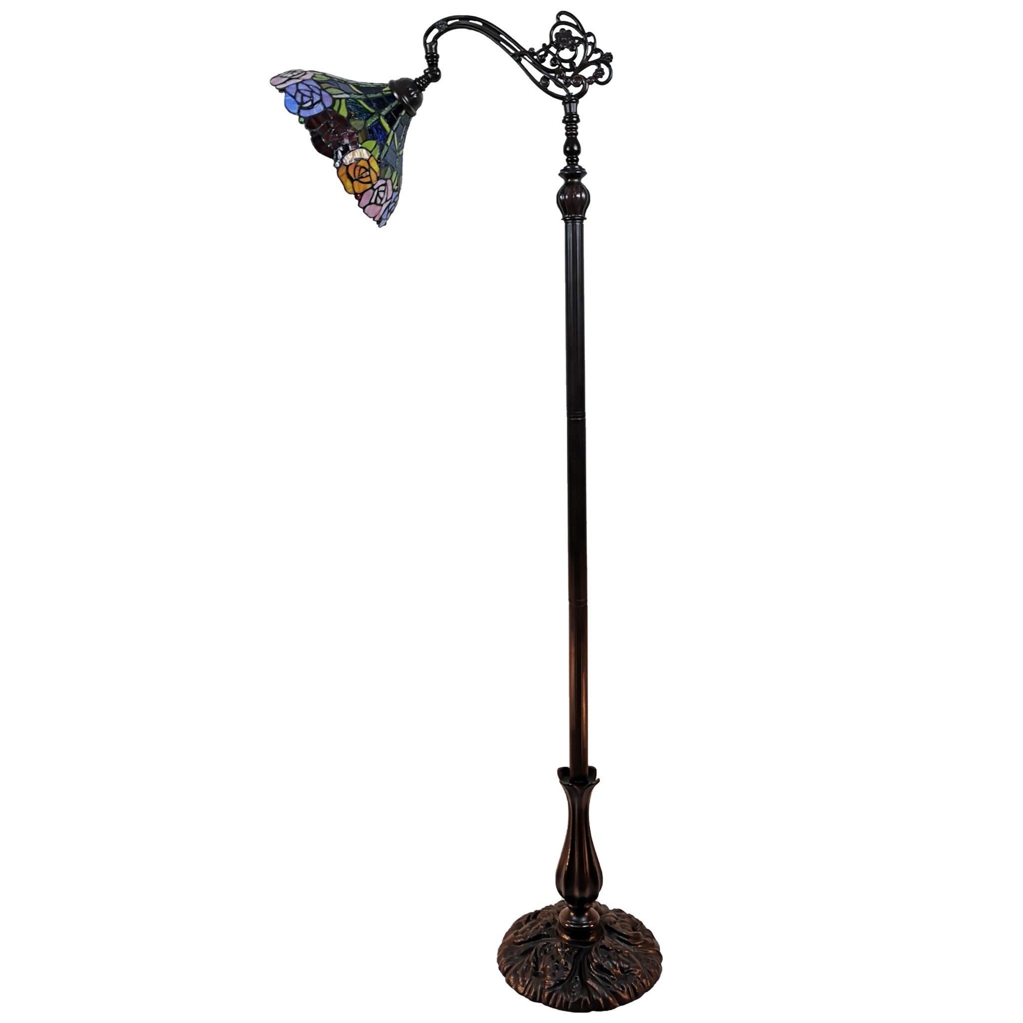 62" Brown Torchiere Floor Lamp With Blue and Yellow Flowers Glass Dome Shade