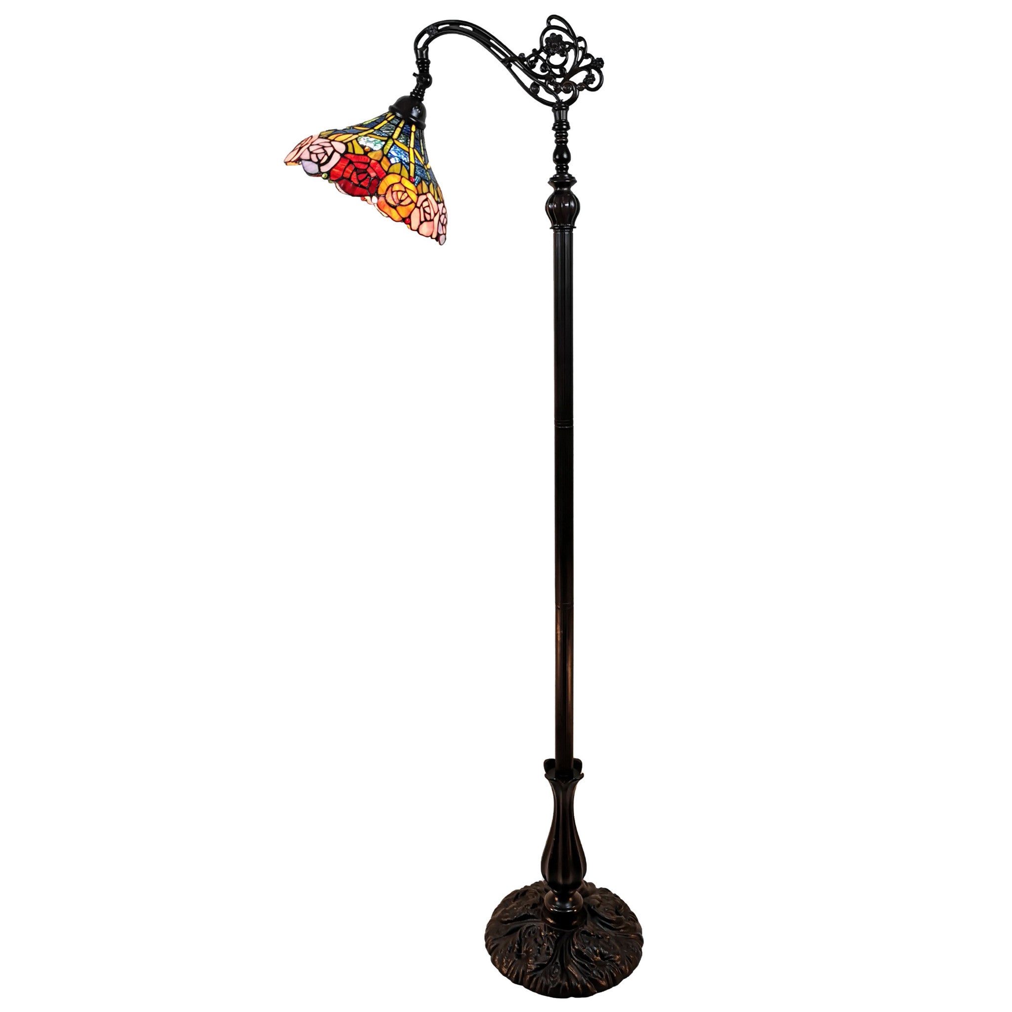 62" Brown Torchiere Floor Lamp With Blue and Yellow Flowers Glass Dome Shade