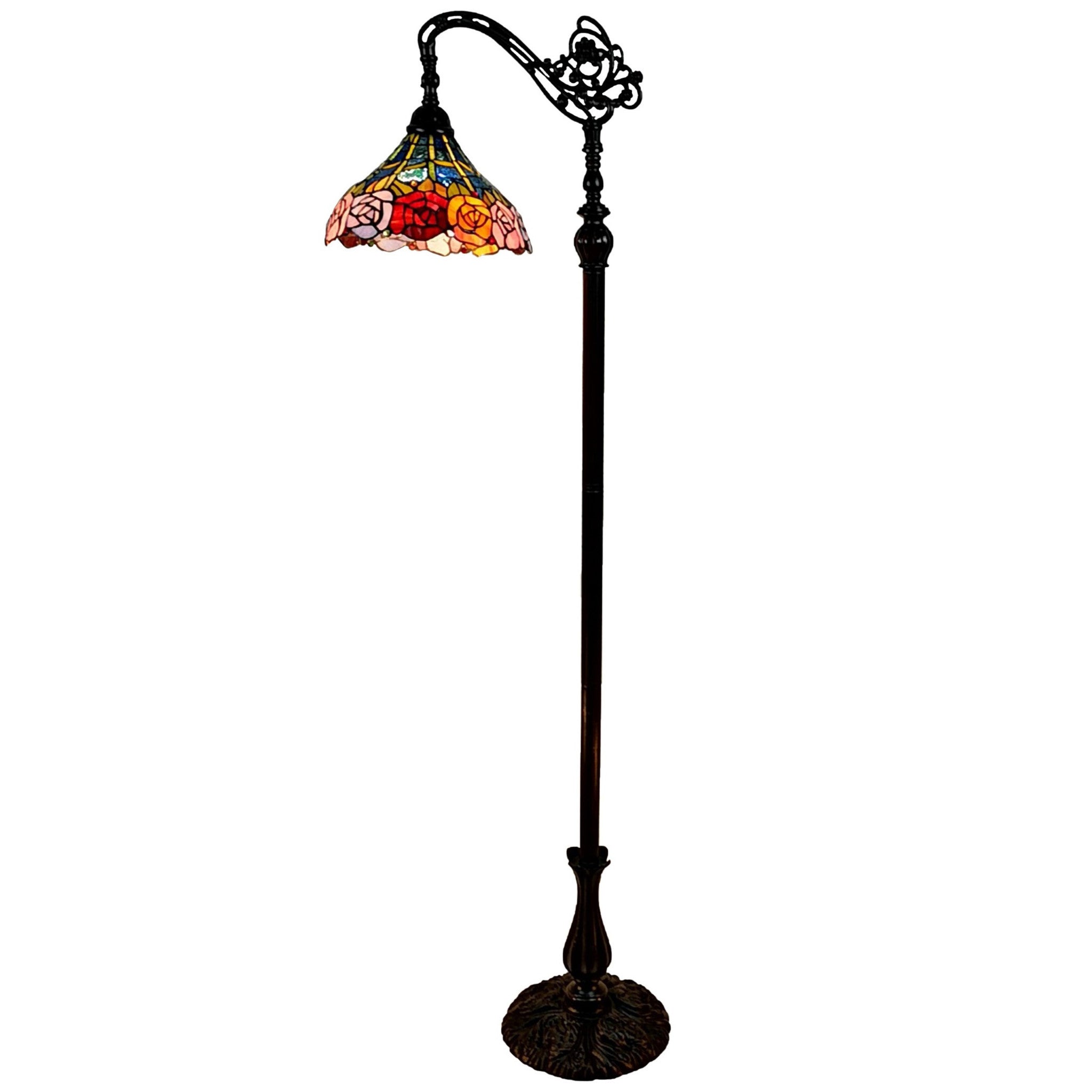 62" Brown Torchiere Floor Lamp With Blue and Yellow Flowers Glass Dome Shade