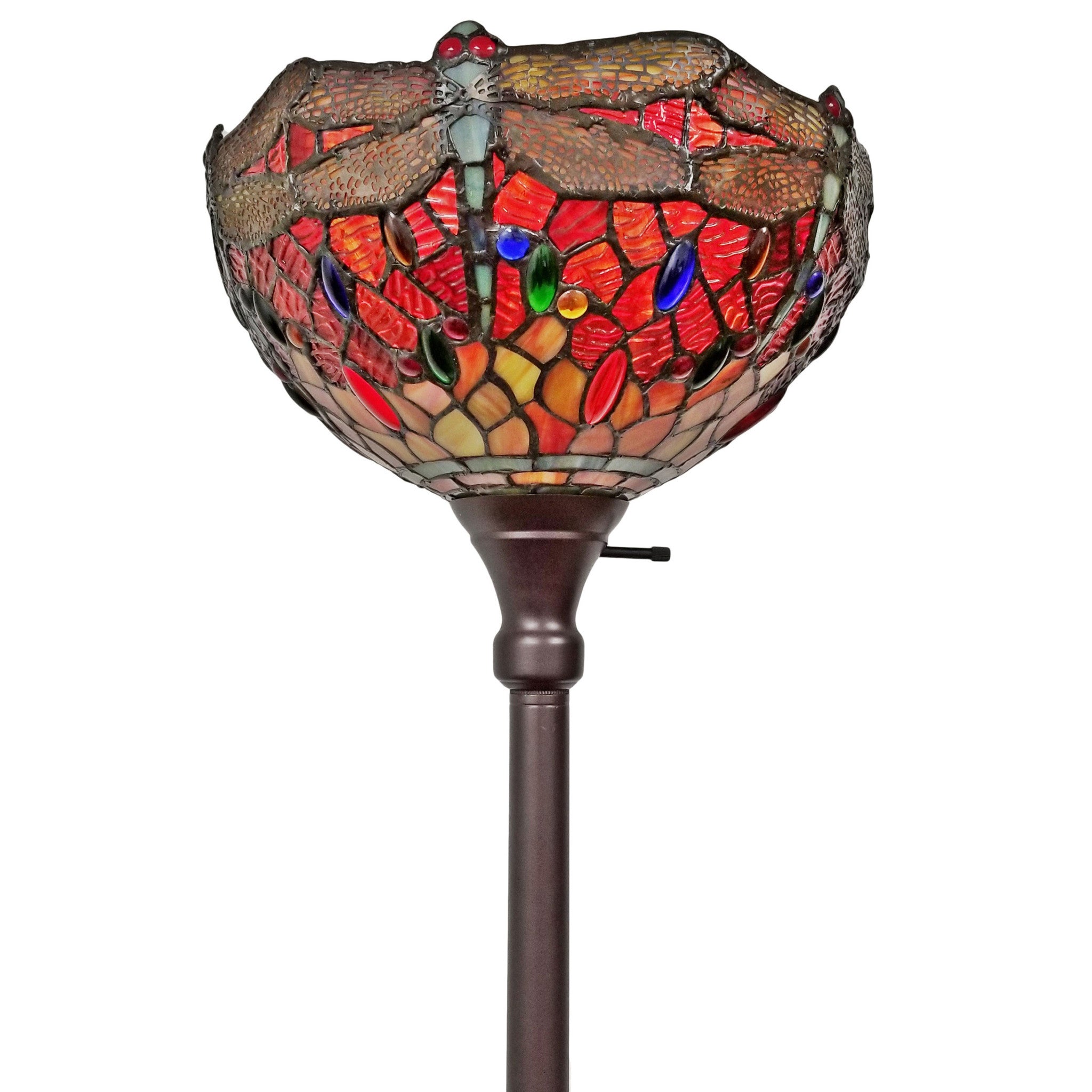 69" Brown Traditional Shaped Floor Lamp With Red Yellow And Brown Dragonfly Stained Glass Dome Shade