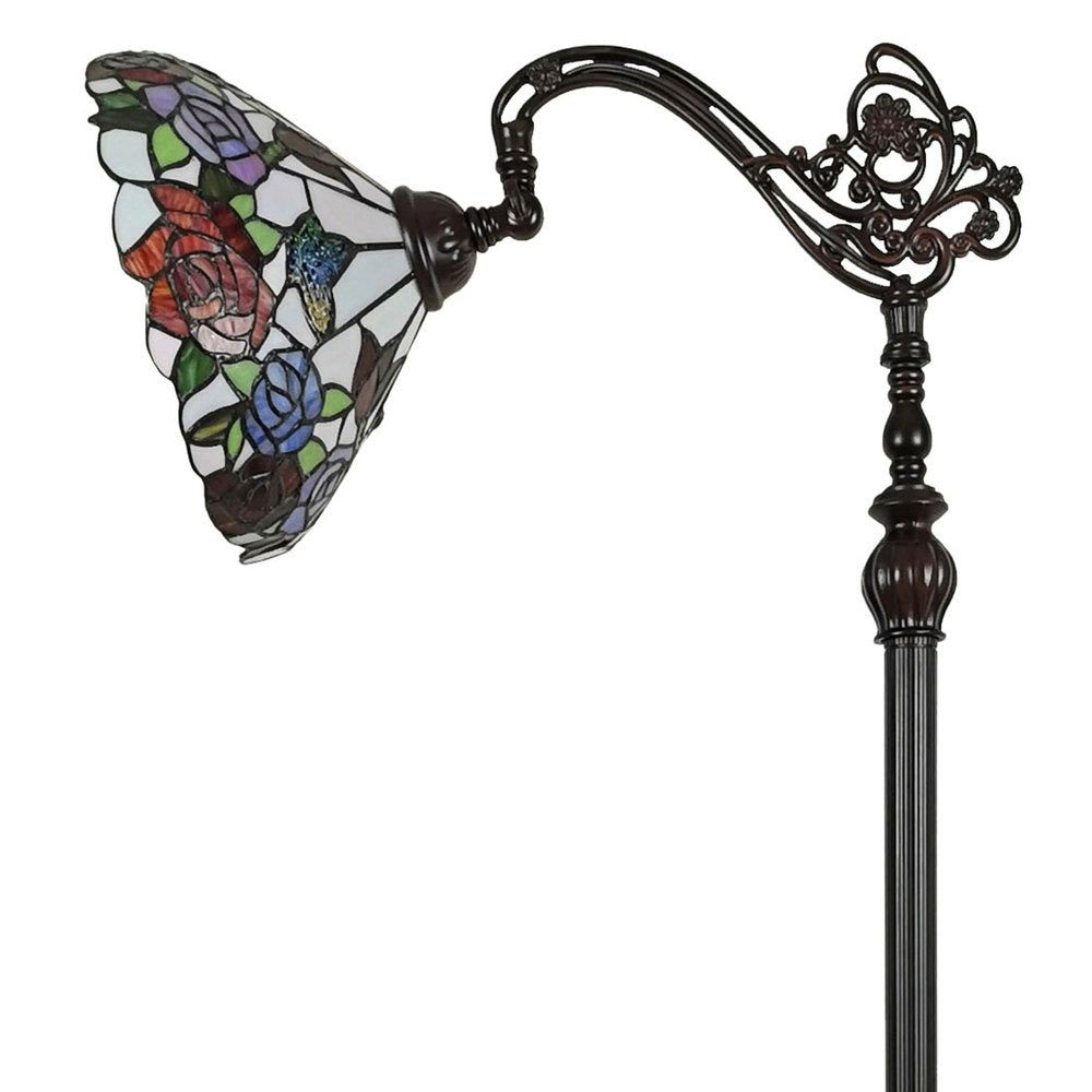 62" Espresso Metal Torchiere Floor Lamp With Green And White Flowers Glass Dome Shade