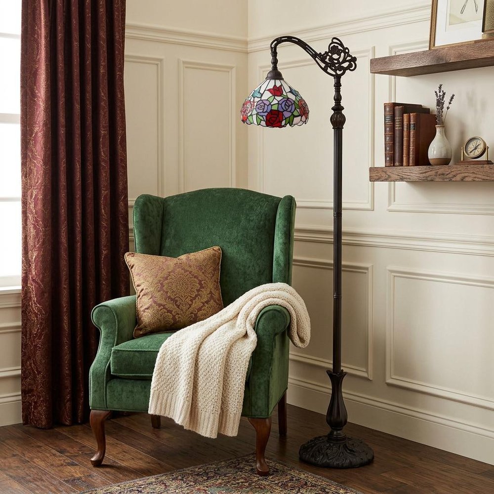 62" Espresso Metal Torchiere Floor Lamp With Green And White Flowers Glass Dome Shade