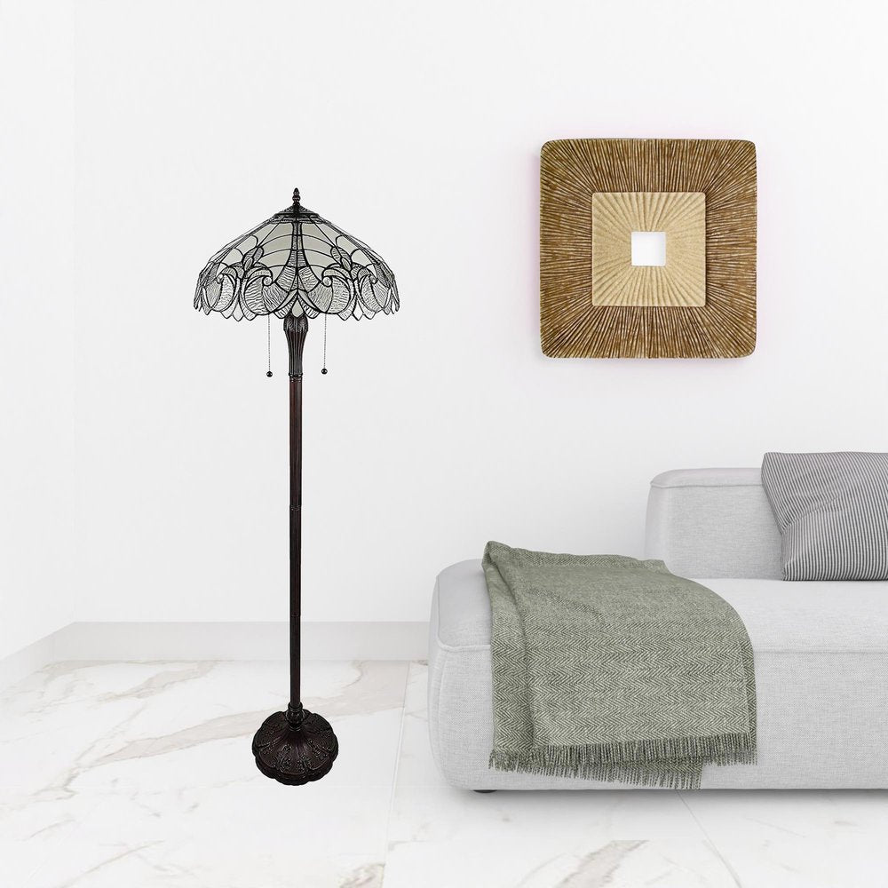 62" Dark Brown Two Light Torchiere Floor Lamp With White Fleur de Lis Glass Dome Shade