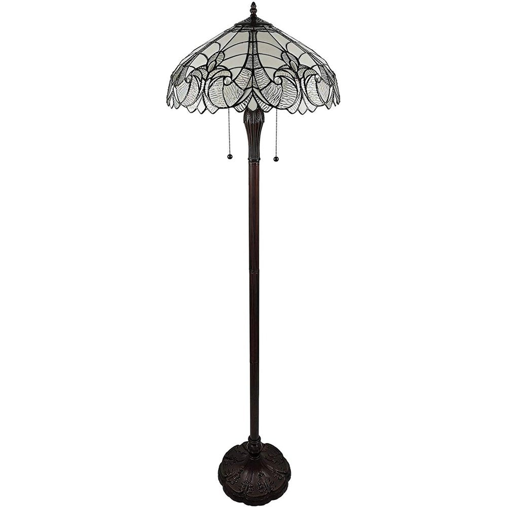62" Dark Brown Two Light Torchiere Floor Lamp With White Fleur de Lis Glass Dome Shade