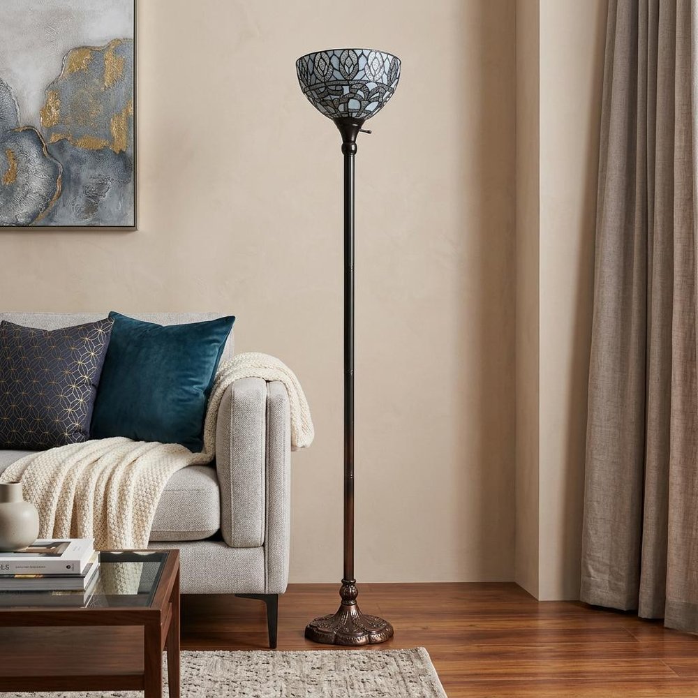 62" Brown And White Torchiere Floor Lamp With White Peacock Feather Glass Dome Shade