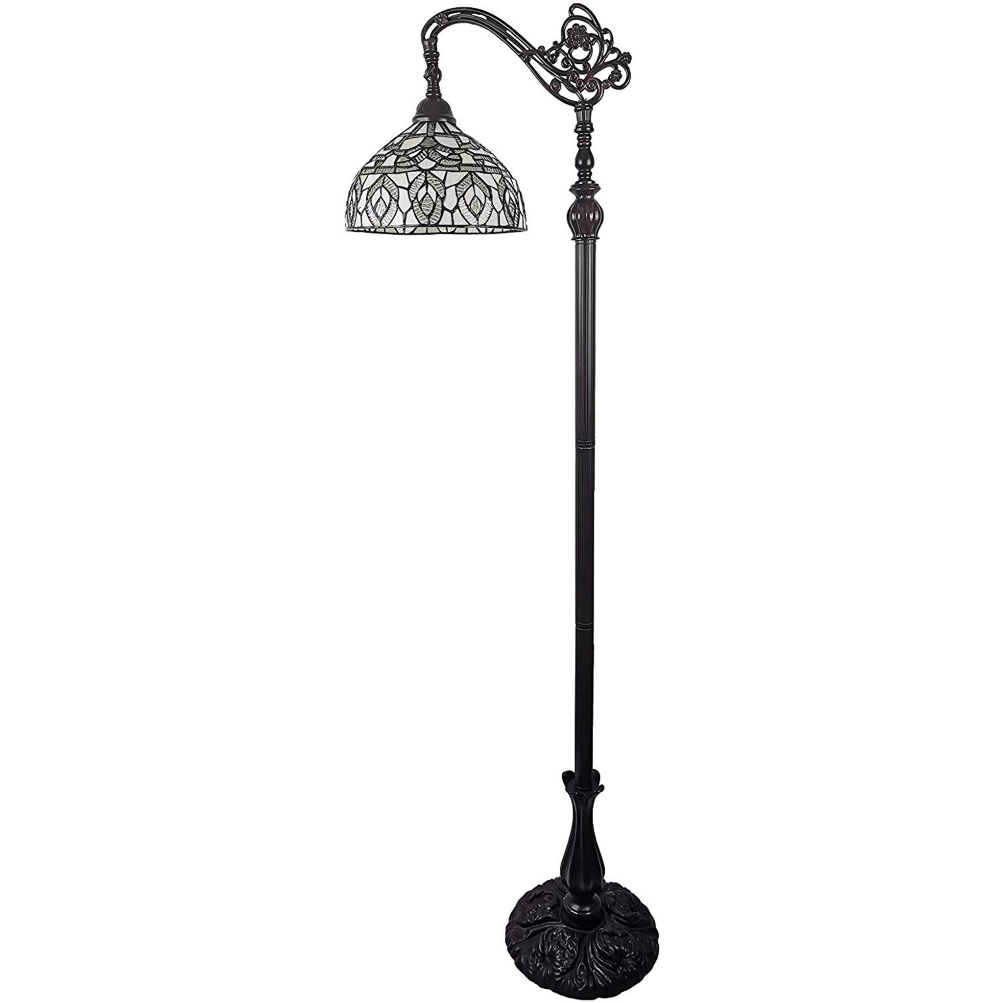 62" Brown And White Torchiere Floor Lamp With White Peacock Feather Glass Dome Shade