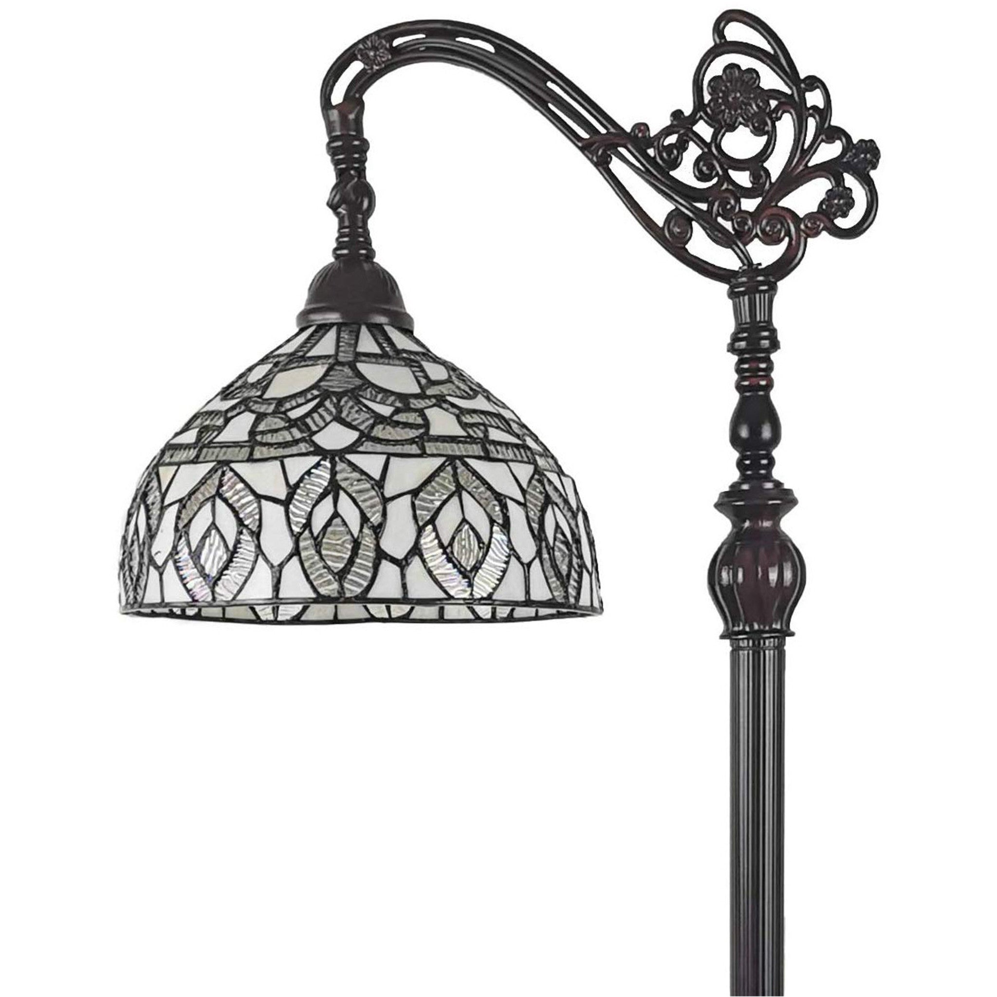 62" Brown And White Torchiere Floor Lamp With White Peacock Feather Glass Dome Shade