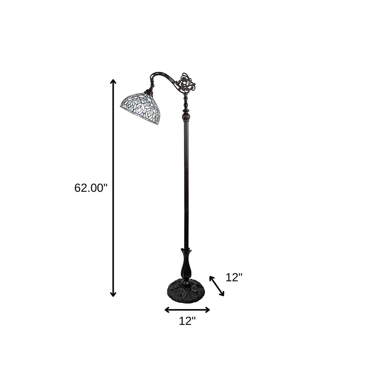 62" Brown And White Torchiere Floor Lamp With White Peacock Feather Glass Dome Shade