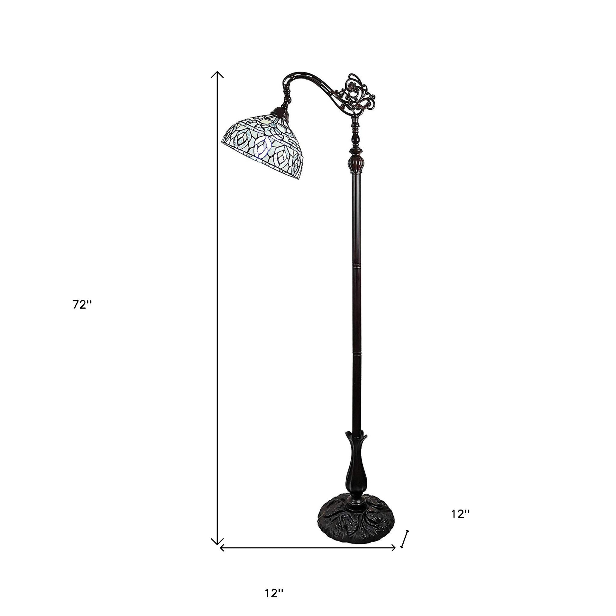 62" Brown And White Torchiere Floor Lamp With White Peacock Feather Glass Dome Shade