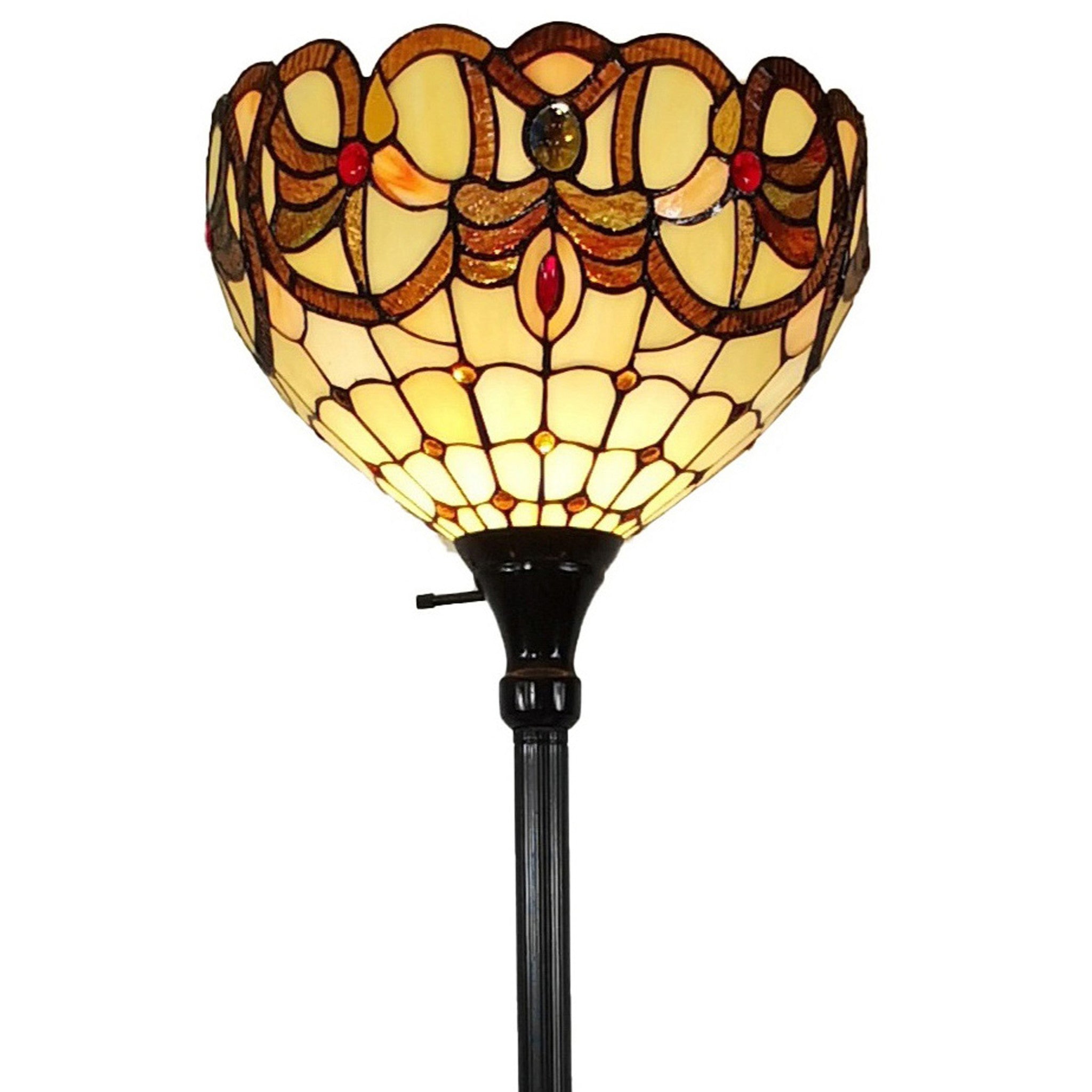 62" Beige Torchiere Floor Lamp With Red And White Flowers Glass Dome Shade