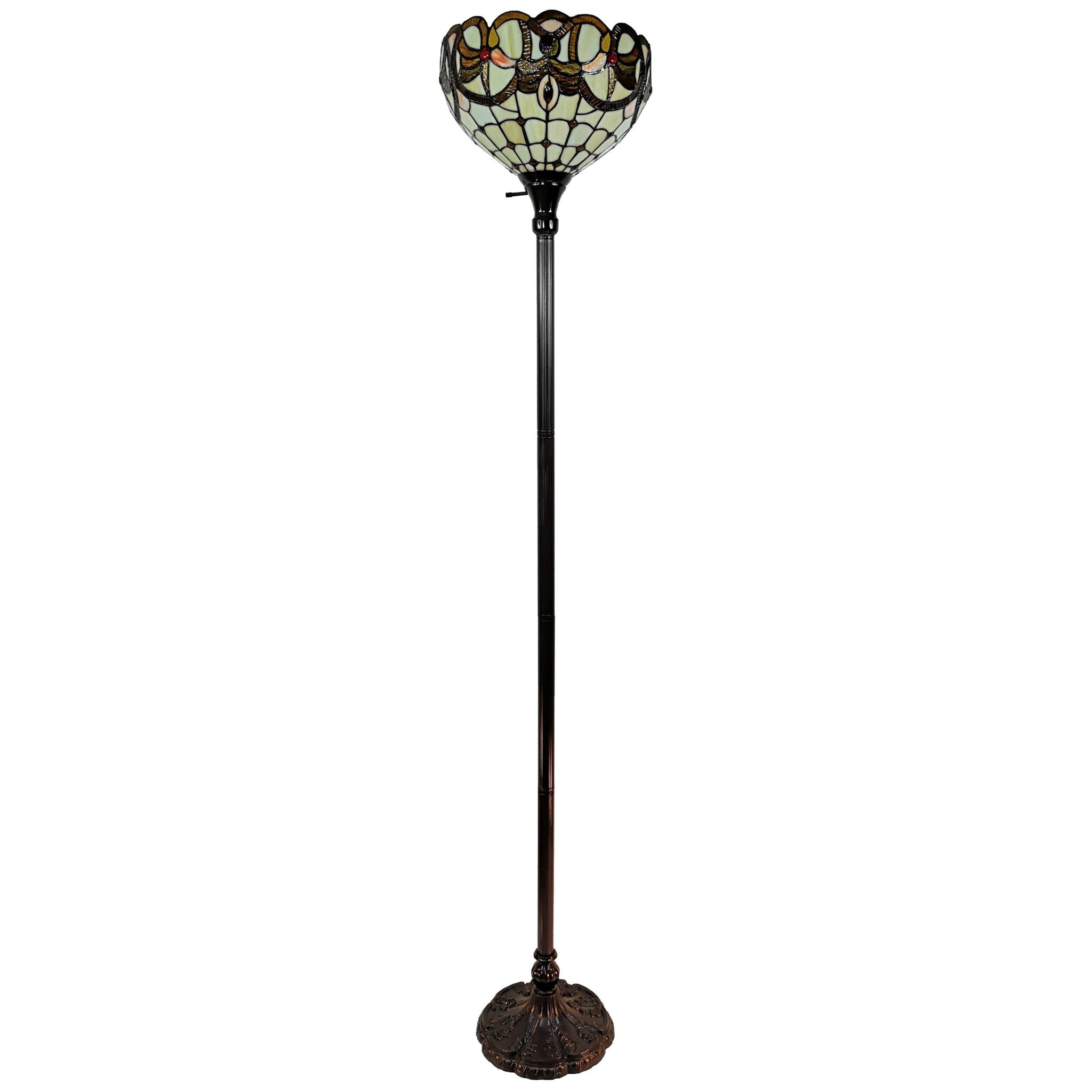 62" Beige Torchiere Floor Lamp With Red And White Flowers Glass Dome Shade