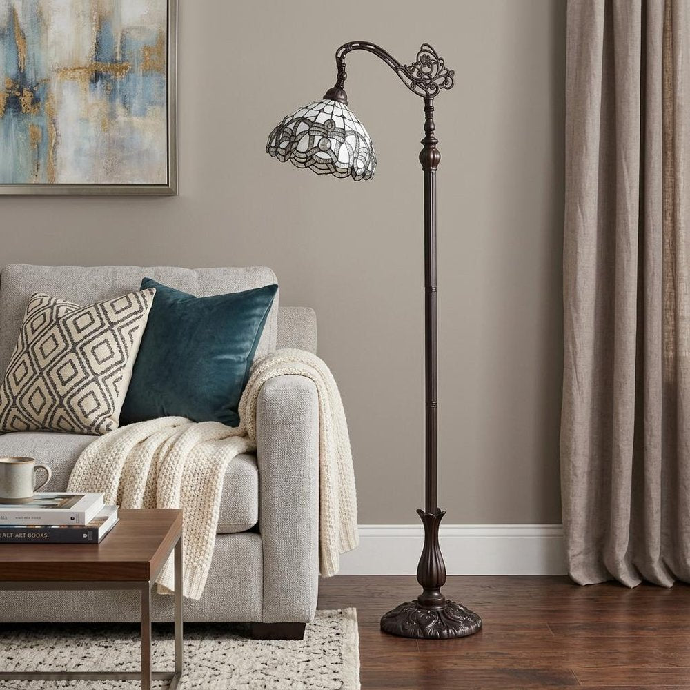 62" Brown And White Torchiere Floor Lamp With White Flowers Glass Dome Shade