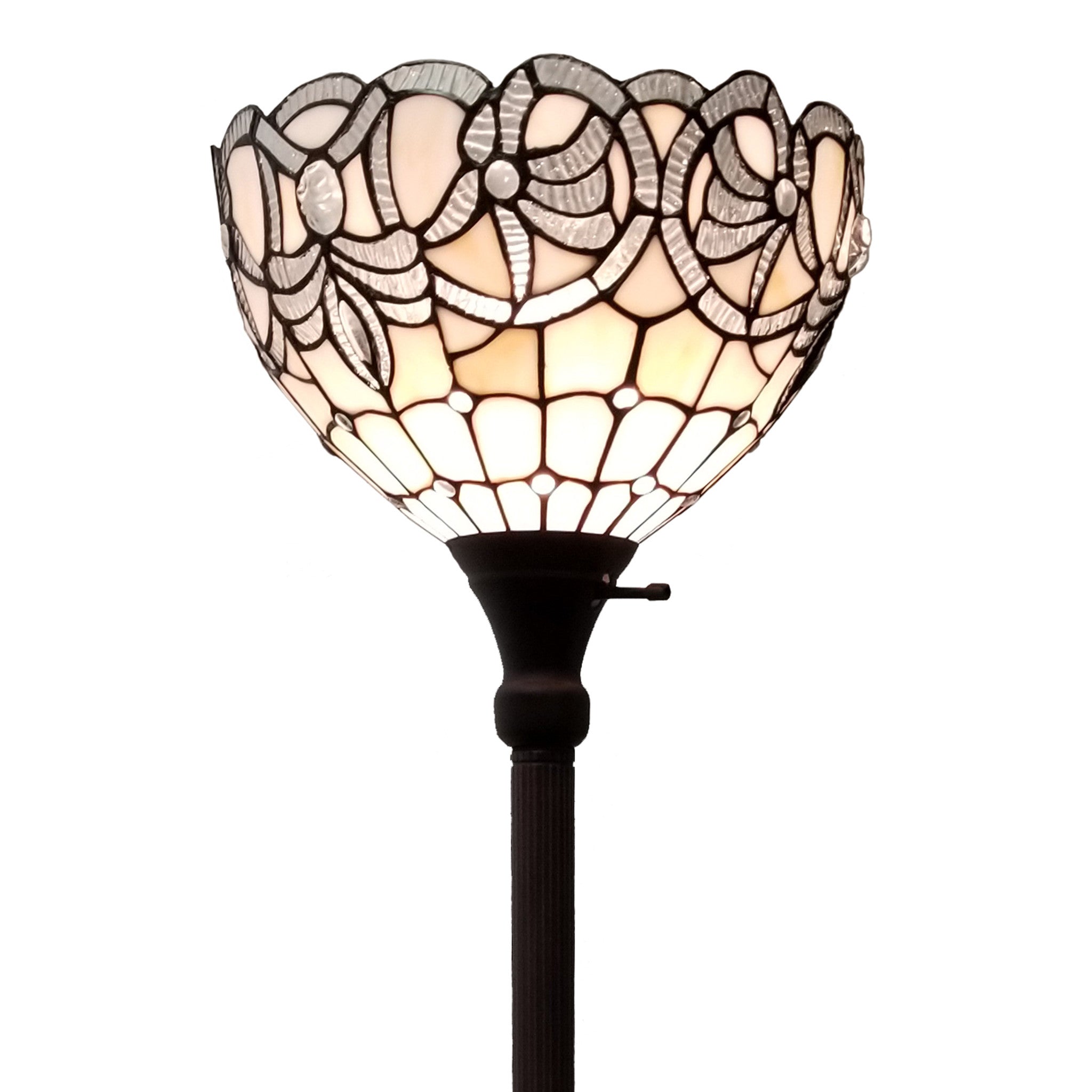 72" Brown And White Torchiere Floor Lamp With White Flowers Glass Dome Shade