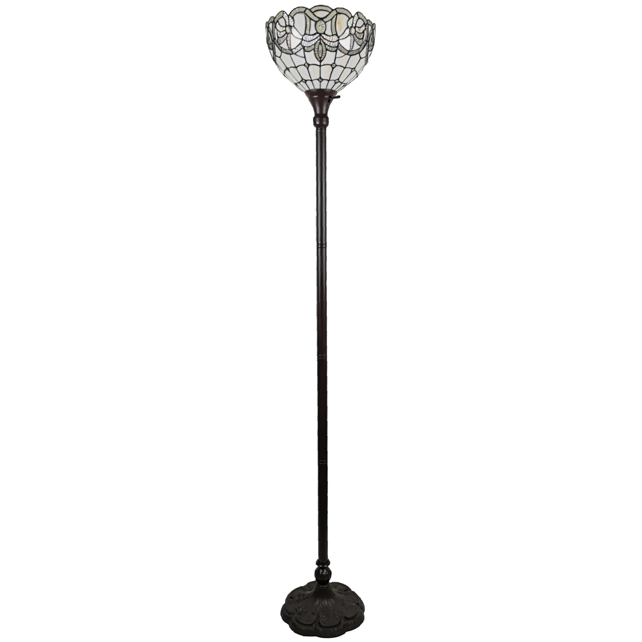 72" Brown And White Torchiere Floor Lamp With White Flowers Glass Dome Shade