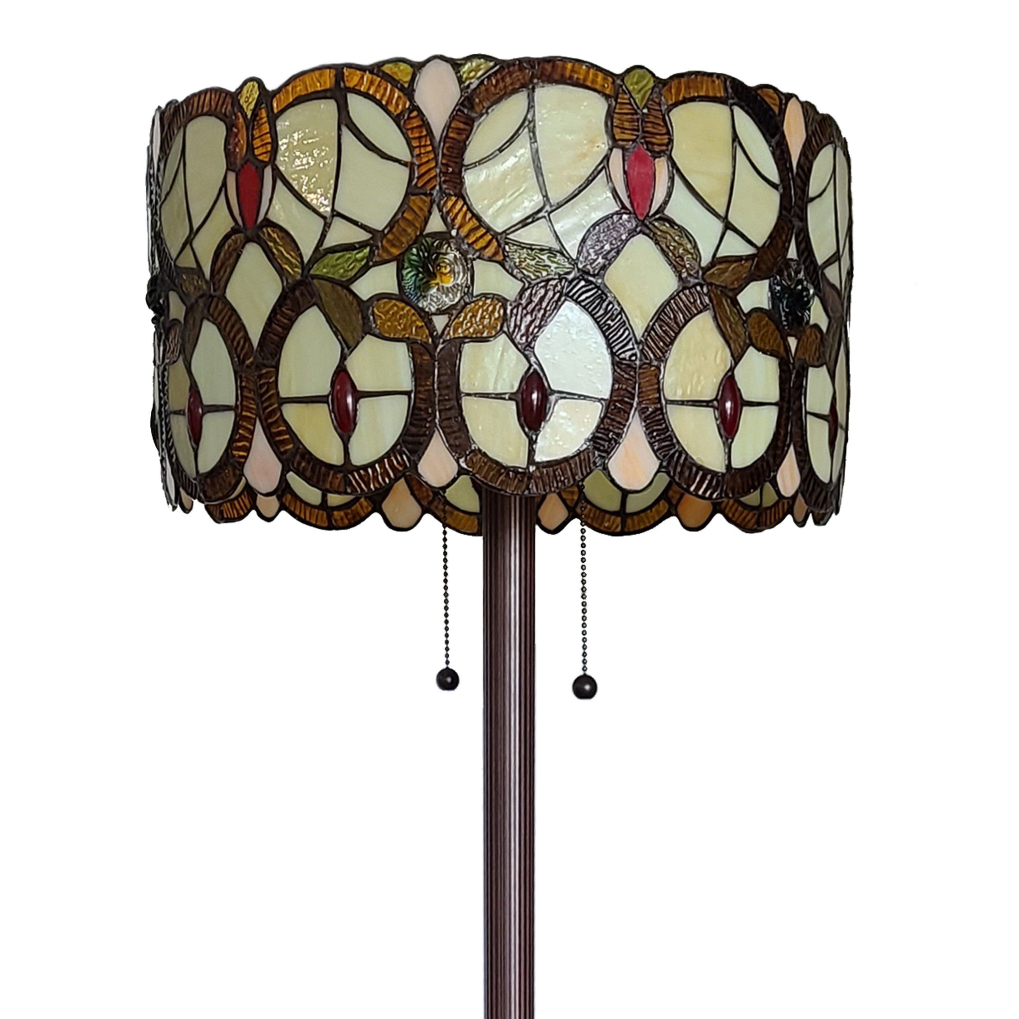 63" Beige Metal Two Light Torchiere Floor Lamp With Red And White Flowers Glass Drum Shade