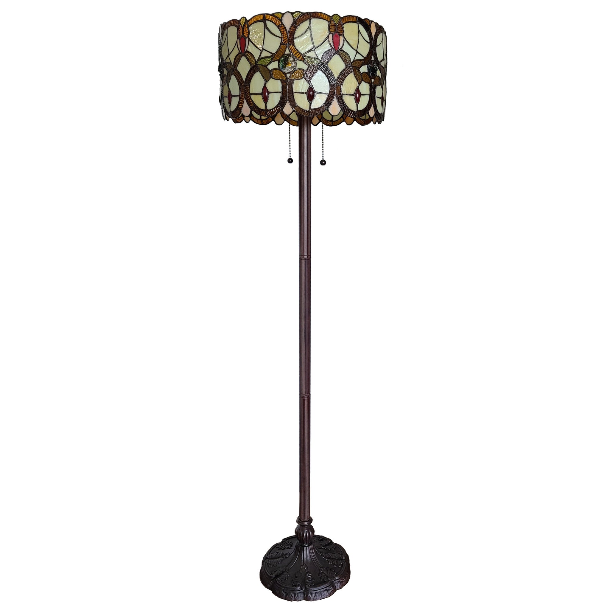 63" Beige Metal Two Light Torchiere Floor Lamp With Red And White Flowers Glass Drum Shade